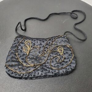 Elegant Black and Gold Embroidered Beaded Women's Bag Satchal